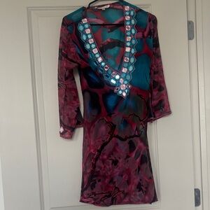 Embellished V-Neck Sheer Beach Cover Dress in Teal & Magenta